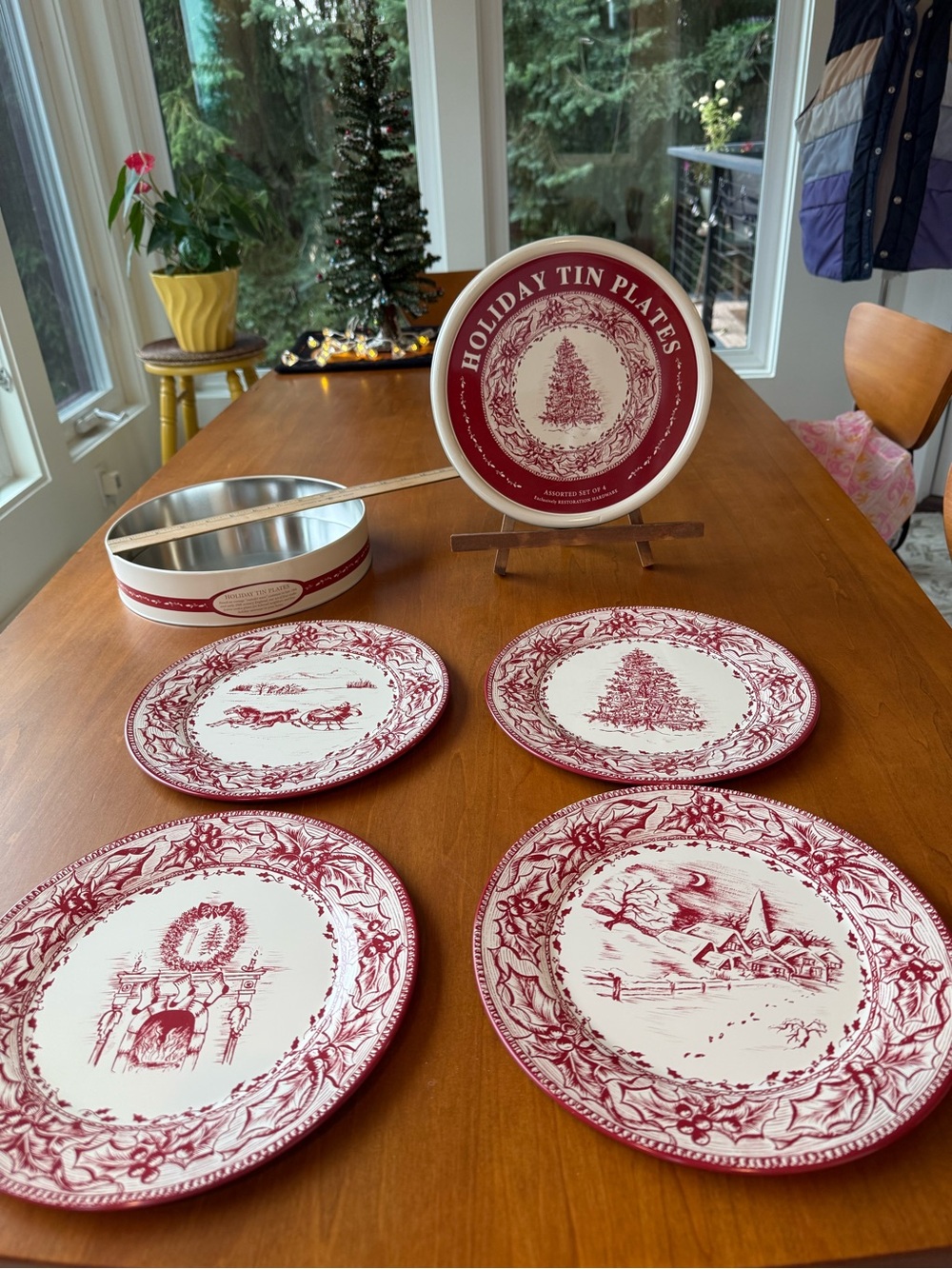 Restoration Hardware Red and White Holiday Tin Plates